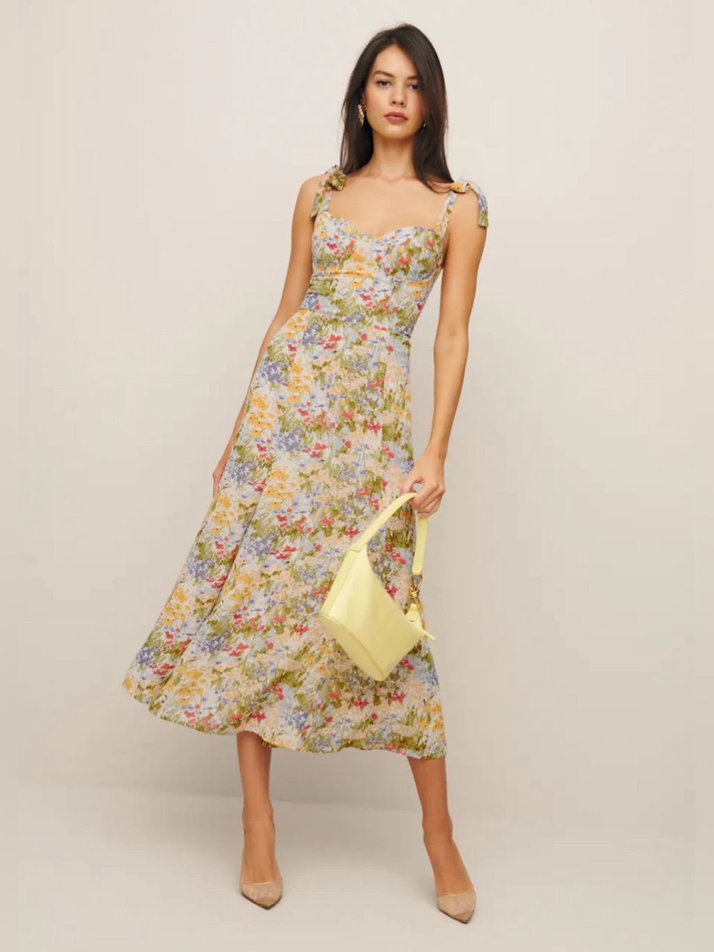 Reformation Multi-Color Floral Tie-Shoulder Midi Dress Size 0